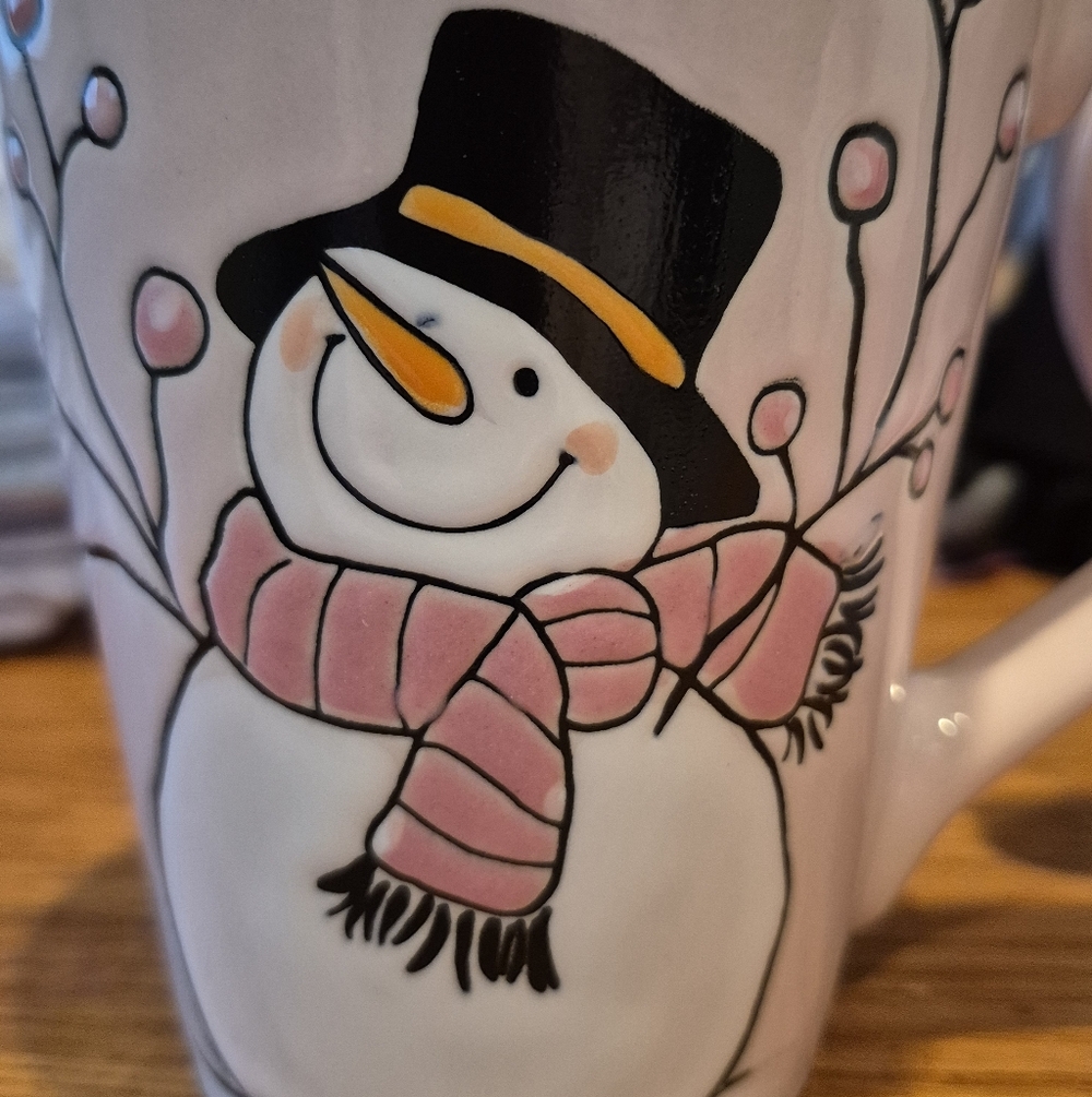 *BRAND NEW* SET OF 2 Snowman Mugs with Pink Scarf and Black Hat